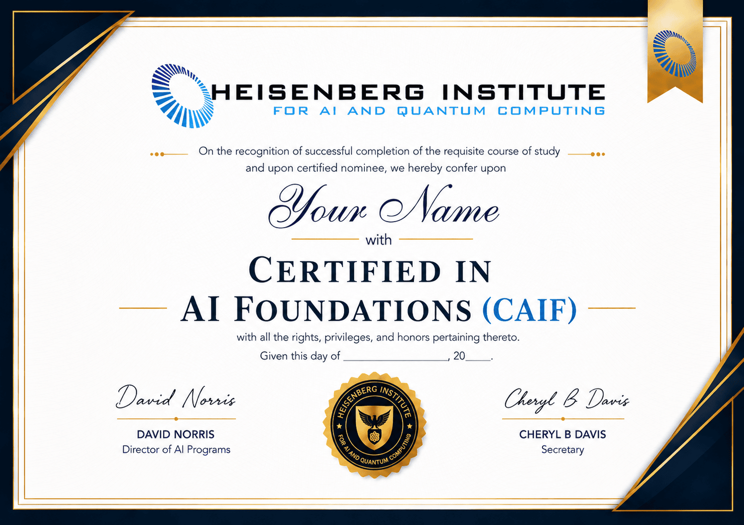 CAIF certificate issued by the Heisenberg Institute