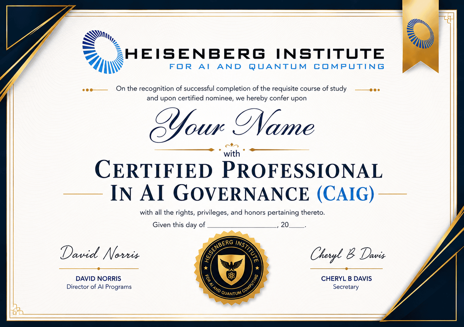 CAIG certificate issued by the Heisenberg Institute