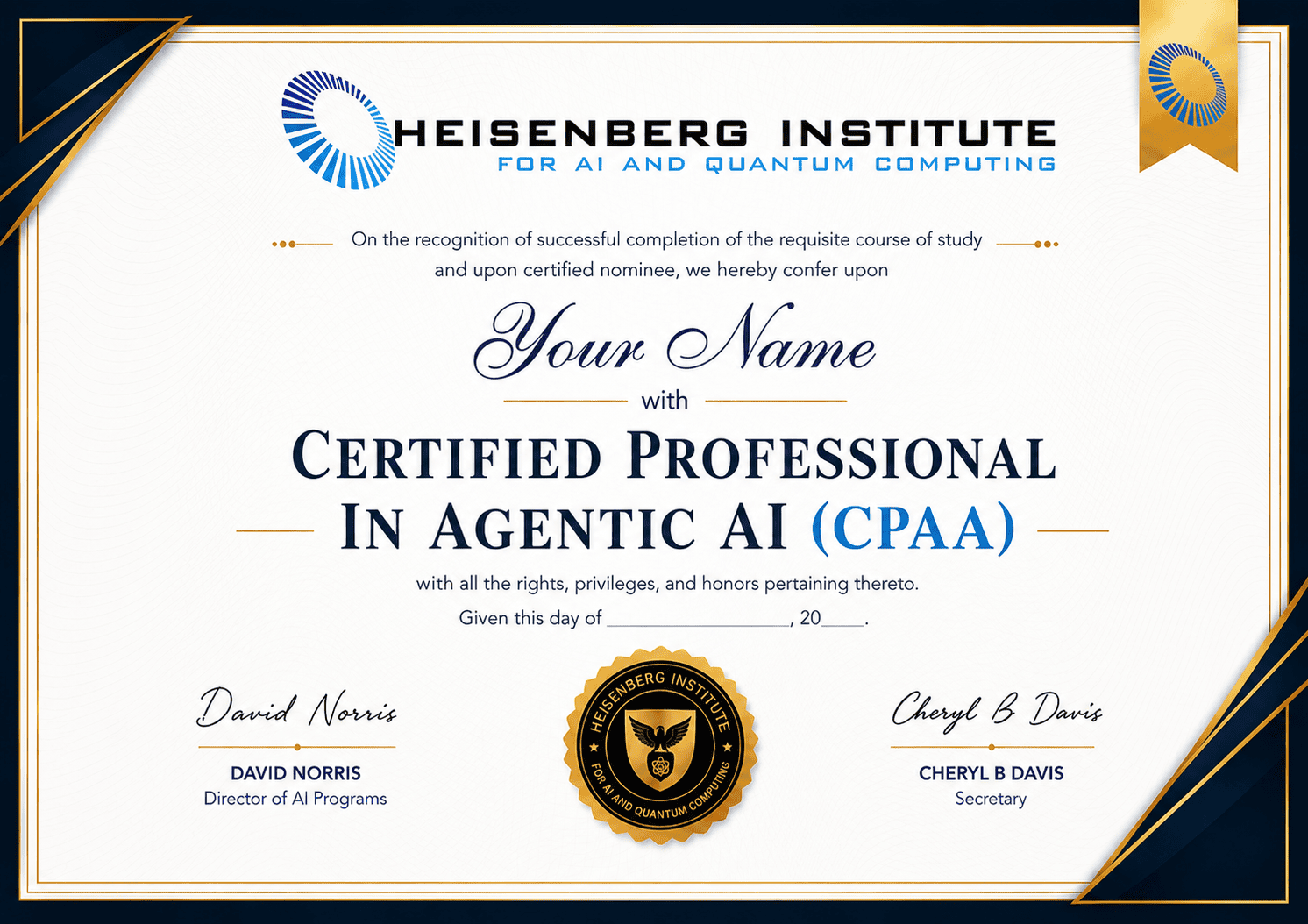 CPAA certificate issued by the Heisenberg Institute