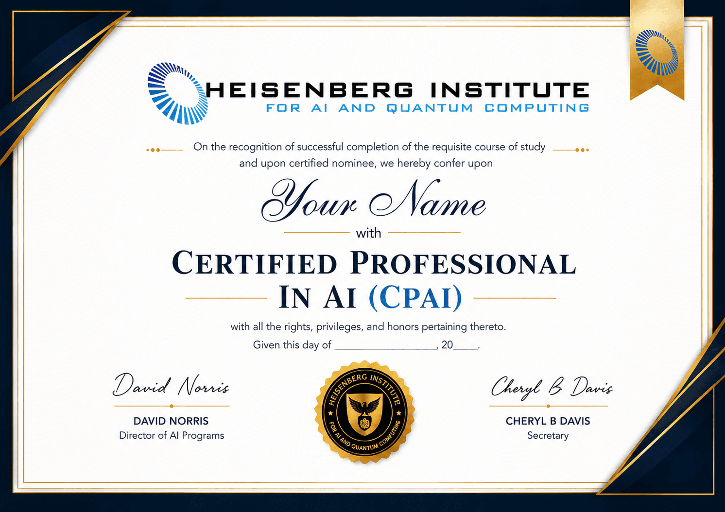 CPAI certificate issued by the Heisenberg Institute