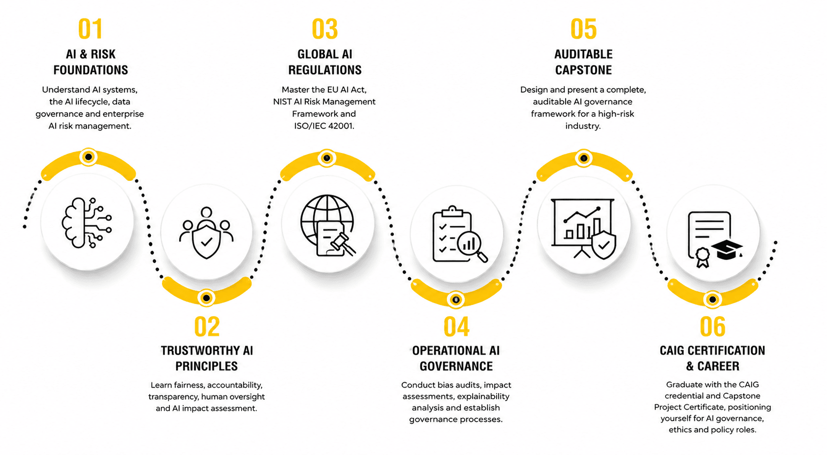 Certified Professional in AI Governance 9 The six stages of the CAIG programme, from AI risk foundations to certification