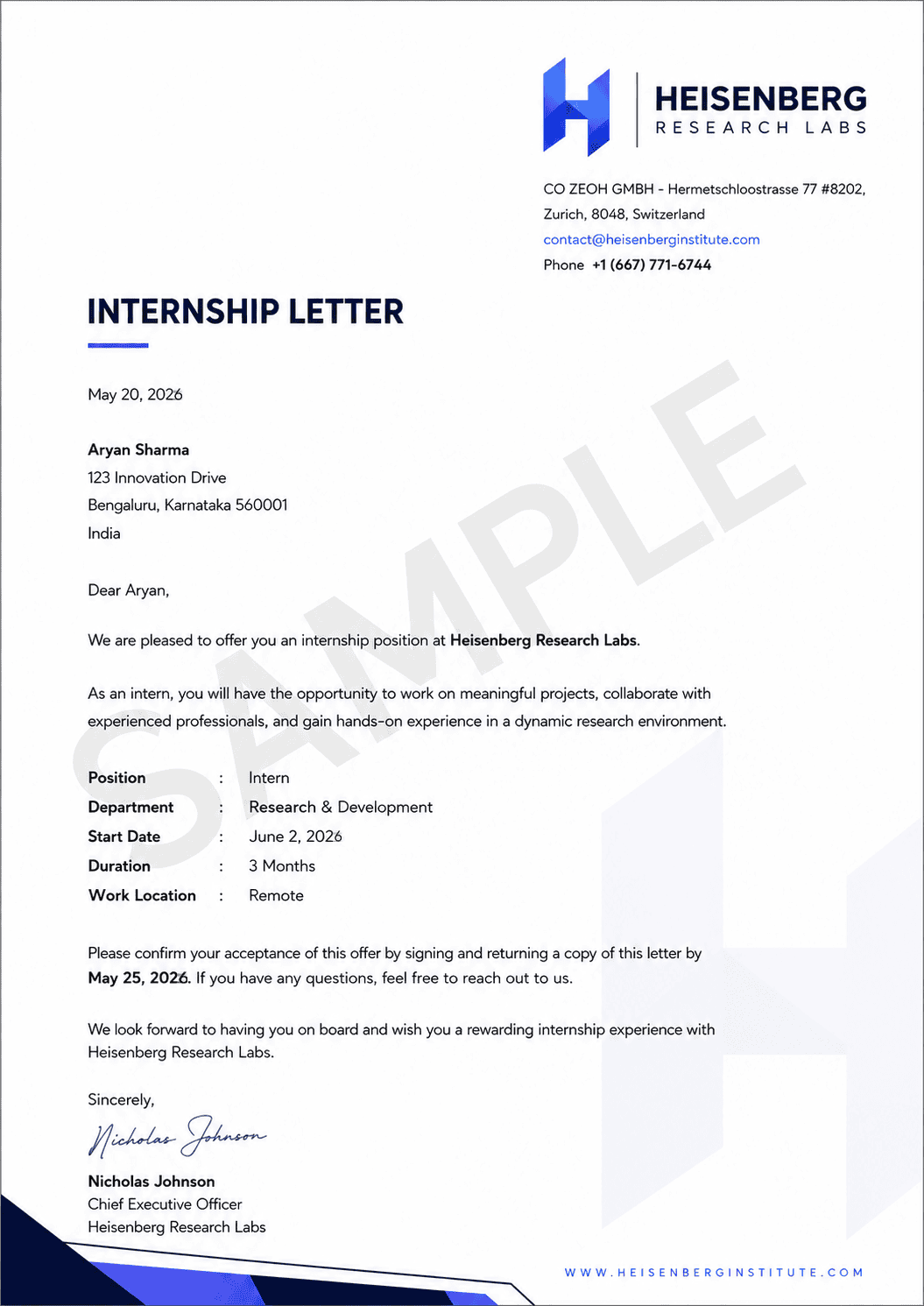 Certified Professional in Agentic AI 13 Specimen internship letter from Heisenberg Research Labs